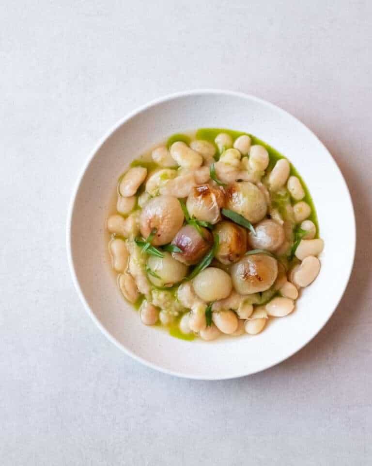 Roasted Shallots on Slow-Cooked Butter Beans