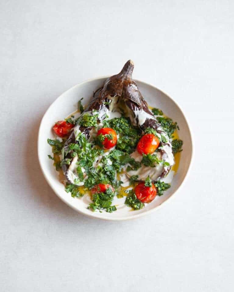 Roasted Aubergine with Tahini & Leftover Herb Pesto